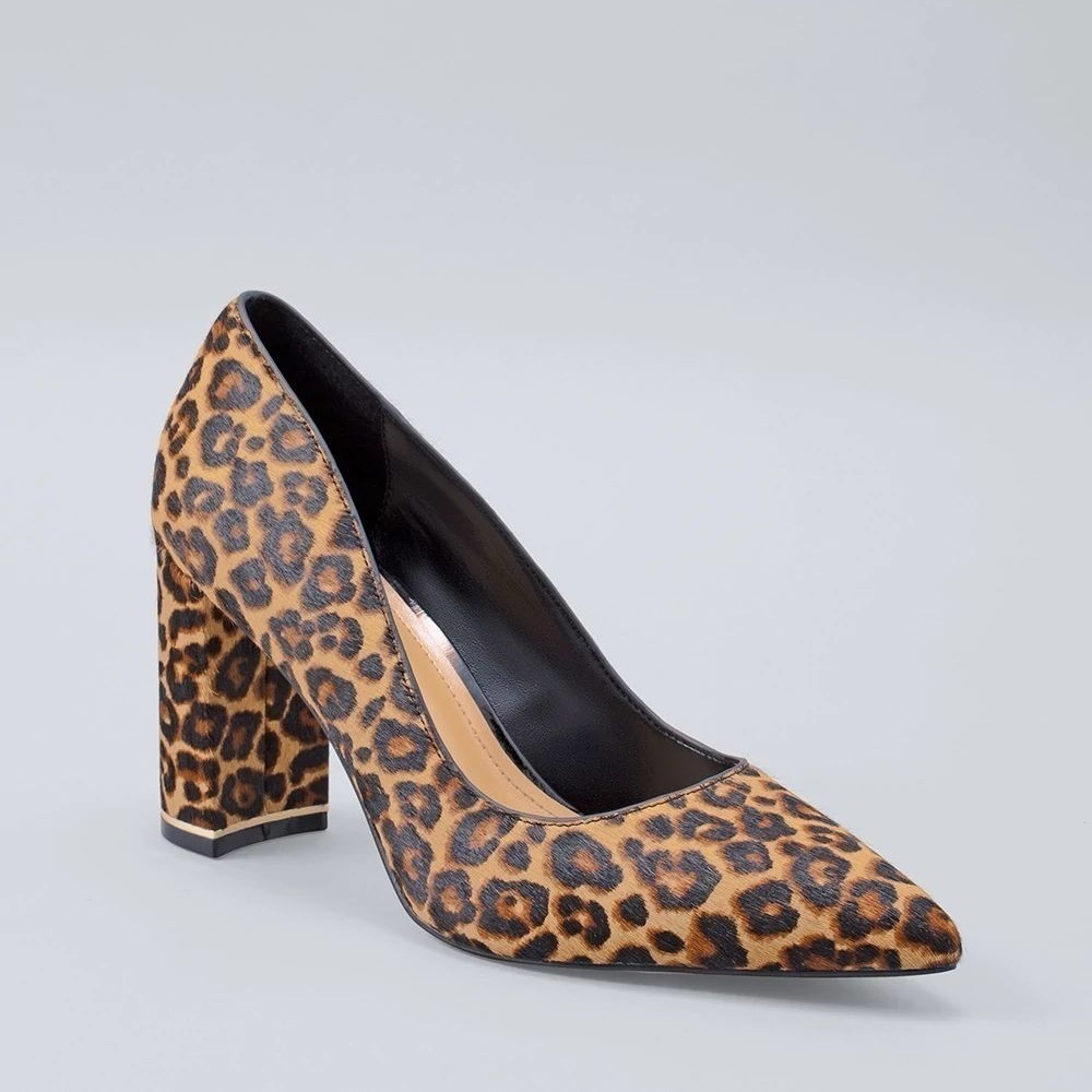 NWOT BHWM Women’s Leopard Print Calf Hair Block Heel Pumps size 6.5